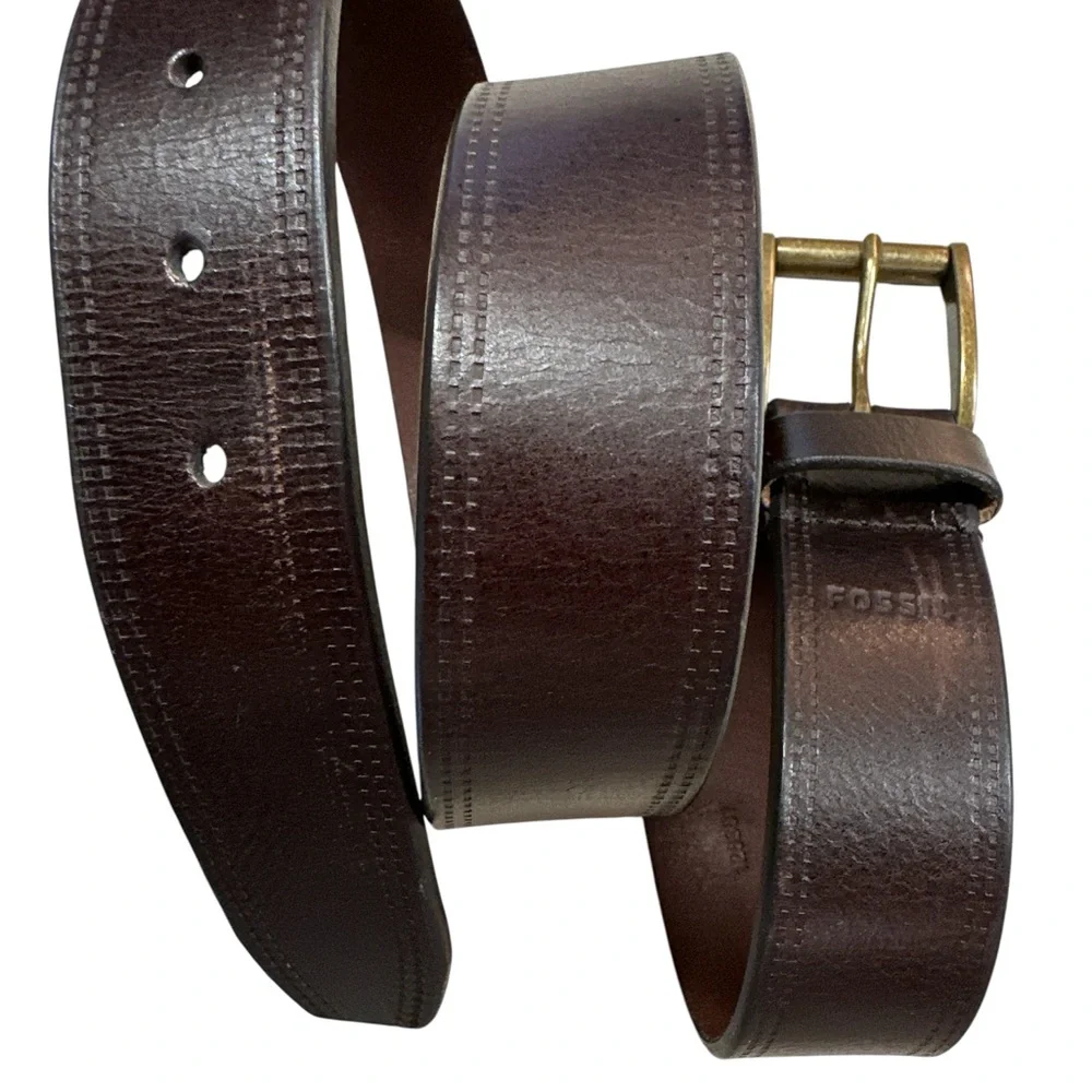 Fossil Genuine Leather Brown Belt w Square Antique Brass Buckle Size 34 Preowned